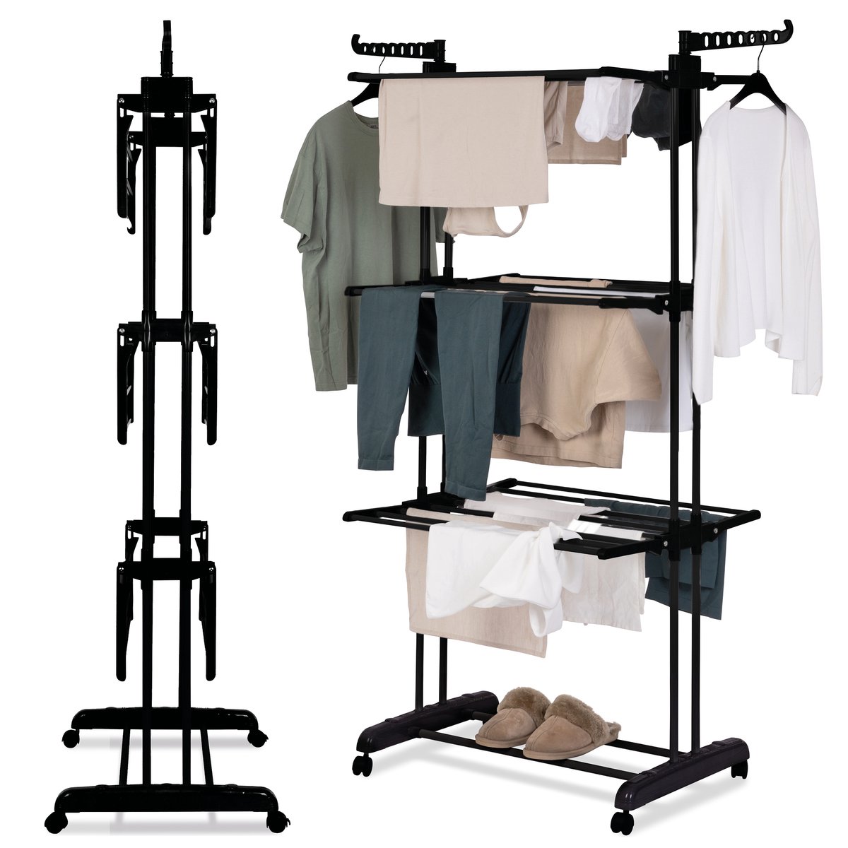 Jubbly® - Wasrek inklapbaar - Droogrek inklapbaar - Droogtoren met wieltjes - Wasrek staand - 30 Meter drooglengte - 35 Kilo draagkracht - Binnen als buiten gebruik - Zwart