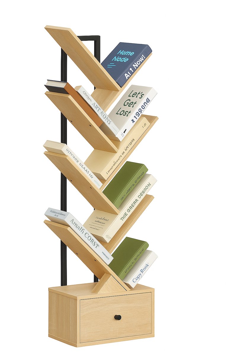 Signature Home Boekenkast - Boekenrek - Staand Boekenkast - Boomplank met 9 niveaus - cd-opbergruimte - natuurlijk hout en zwart - 18.5 x 34 x 135 cm