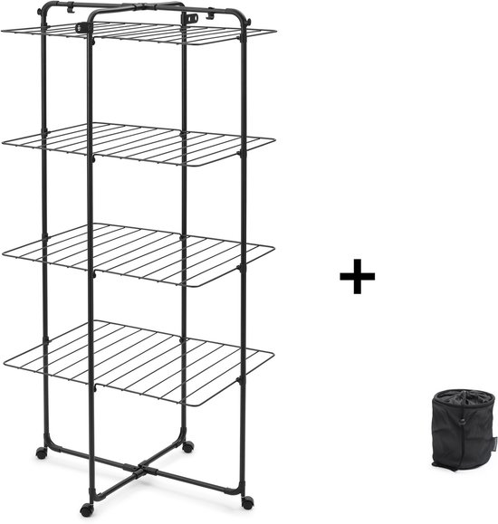 Brabantia HangOn Droogtoren - 30m - Inklapbaar wasrek - met Wasknijpertasje - Matt Black