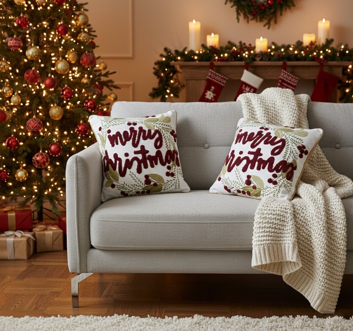 Urbane Hide | Set van 2 Kerst Kussenhoezen | Kussenhoes | Kussenhoesjes | Christmas | Vrolijk Kerstfeest | 45x45 cm | Katoen | Wit/Rood | Zonder Binnenkussen