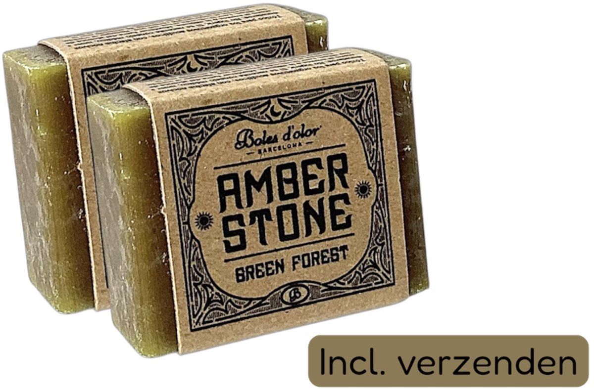 Amberblokjes 2x 'Boles d'olor Green Forest' - Incl. verzenden - Groen - Bos - Bomen - Amber stone blokjes - Geurblokje - Geurverfrisser - Luchtverfrisser - Huisparfum - Parfum - Fris - Wc - Toilet - Kleding - Kast - Lade - Brander - Ontspanning