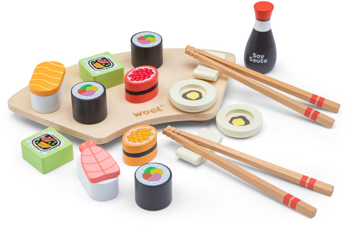 Woet® Houten Sushi Speelset - 21-delig Japans Rollenspel Speelgoed - Inclusief Stokjes, Sojasaus en Serveerplank - Speelgoedeten - Educatief Keukenspeelgoed - Vanaf 3 Jaar — afbeelding 5