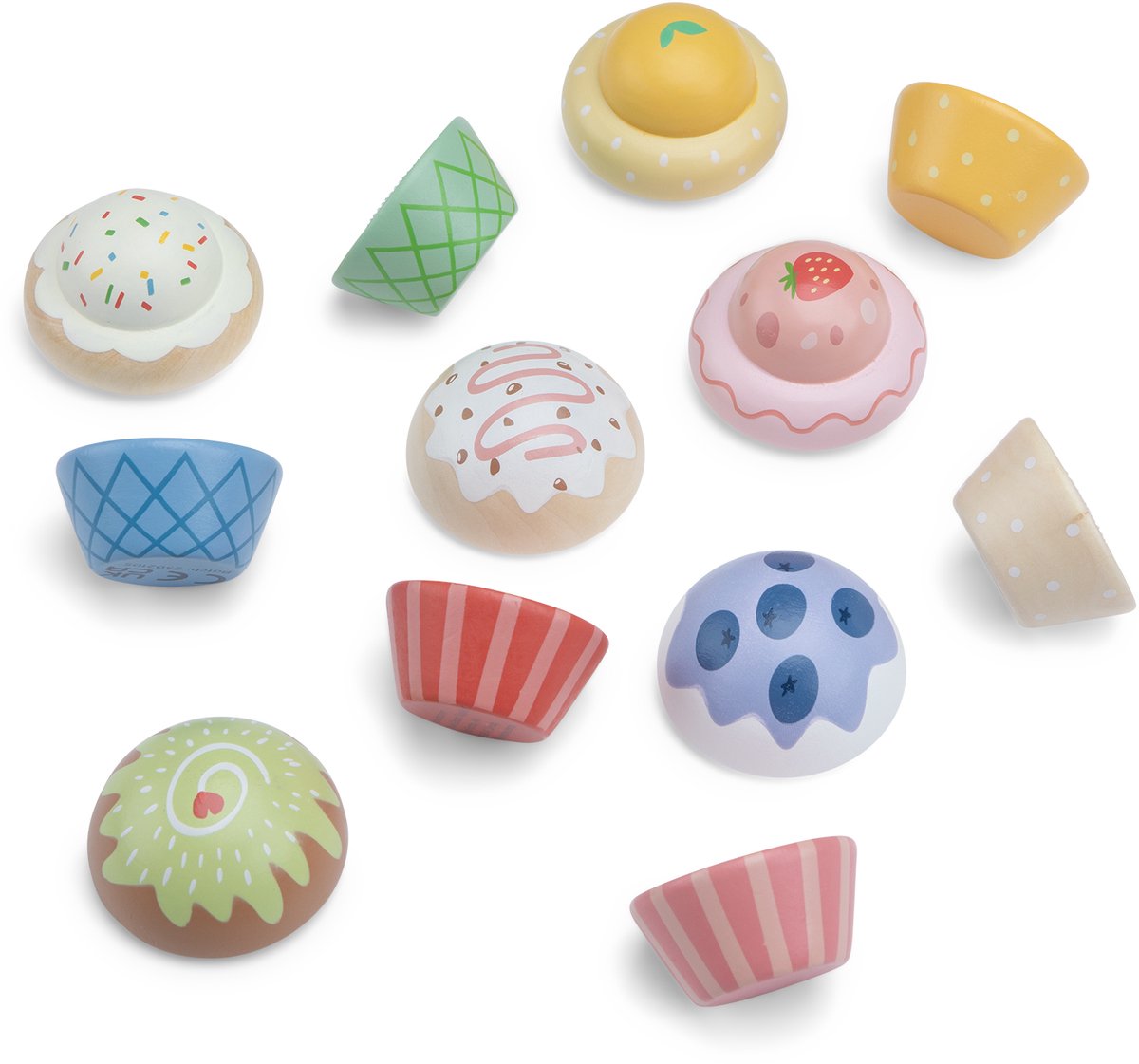 Woet® Houten Speelgoed Cupcakes Set - 6 Stuks - Speelgoedeten voor Kinderen - Rollenspel Keukenspeelgoed - Vanaf 2 Jaar — afbeelding 3