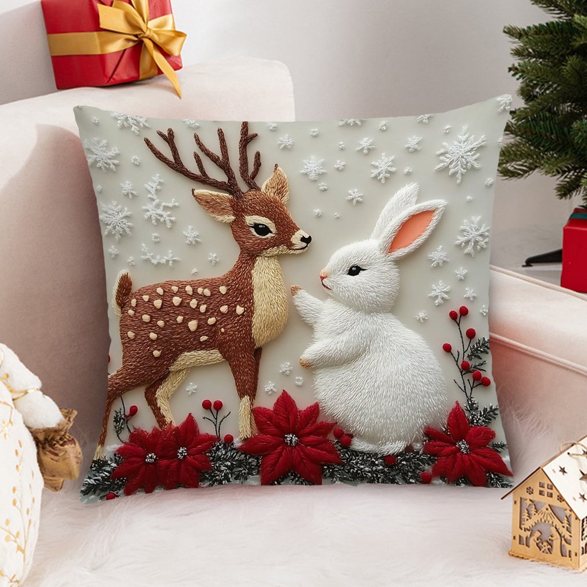 Linnen Kerst Kussensloop Met Hert En Konijn Borduurwerk - Kerstkussen - Boerderij Stijl Woonkamer Decoratie - 45x45 Cm - Decoratief Sofa Kussen - Feestdagen Herfst Winter Woonaccessoires