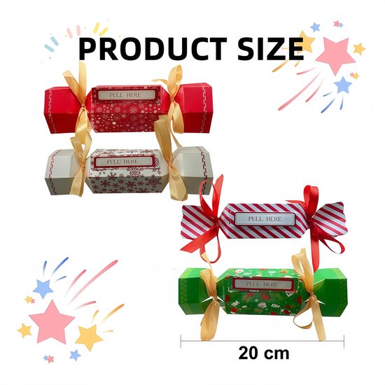Vier kerstcadeauhouders in cracker-stijl, 20 cm lang, met strikken en 'PULL HERE' labels.