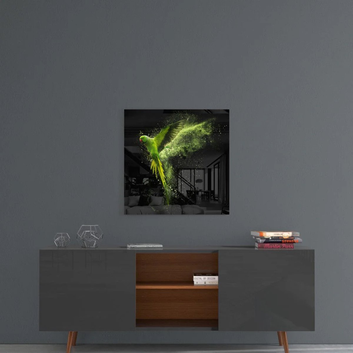 Insigne Art Glasschilderij Vierkant – Groene Parkiet in Vlucht – Moderne Wanddecoratie - 50x50 cm