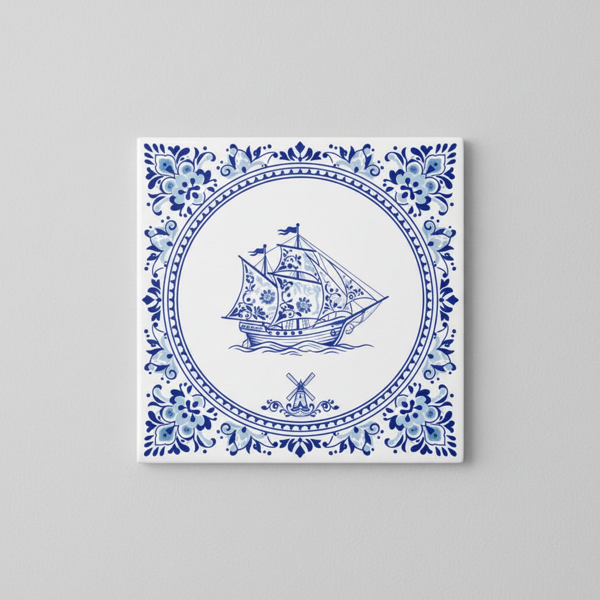 Blauw Delfts Zeilschip Keramische Tegel 15 × 15 cm | Klassieke Hollandse Maritieme Woondec