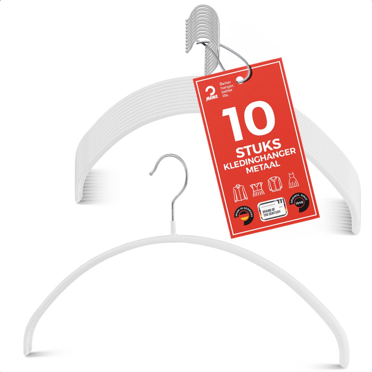 MAWA Kledinghangers - Set van 10 Hangers - Ruimtebesparende en Antislip Kleerhangers voor T-Shirts en Truien - 360° Draaibare Haak - Hoogwaardige Antislip-Coating - 40 cm, Wit