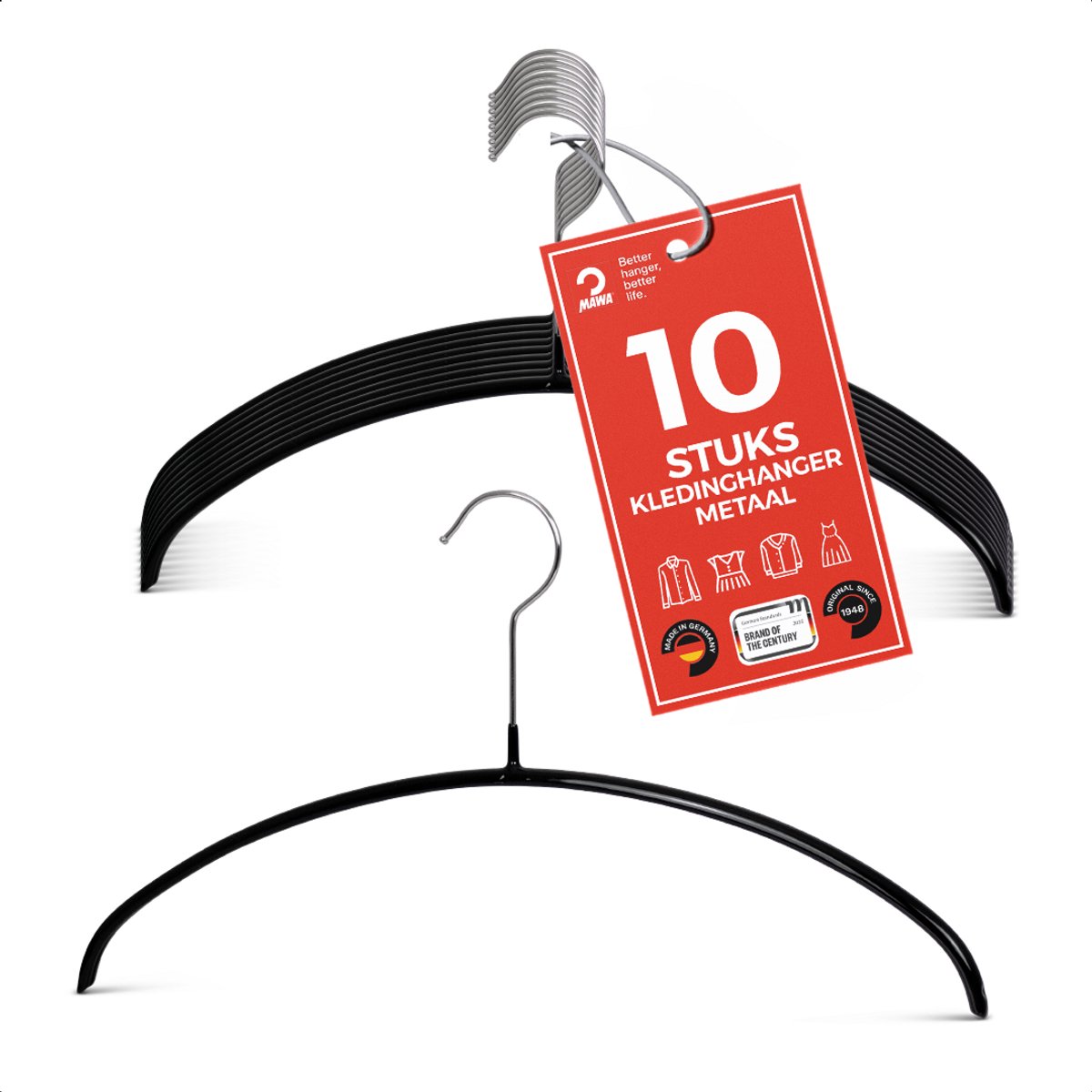 MAWA Kledinghangers - Set van 10 Hangers - Ruimtebesparende en Antislip Kleerhangers voor T-Shirts en Truien - 360° Draaibare Haak - Hoogwaardige Antislip-Coating - 36 cm, Zwart