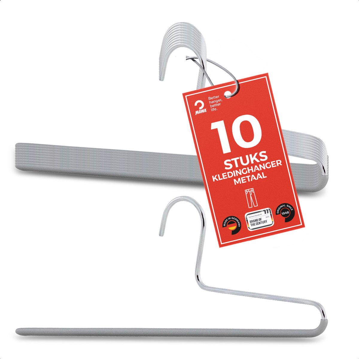 MAWA Broekhangers - Set van 10 - Ruimtebesparende Kledinghangers met Twee Steunen - Perfect voor Jeans, Stoffen Broeken en Pantalons - Hoogwaardige Antislip-Coating - 35 cm, Zilver