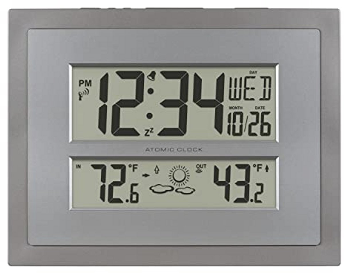 Digitale Wandklok met Temperatuur en Voorspelling in Grijs/Zilver