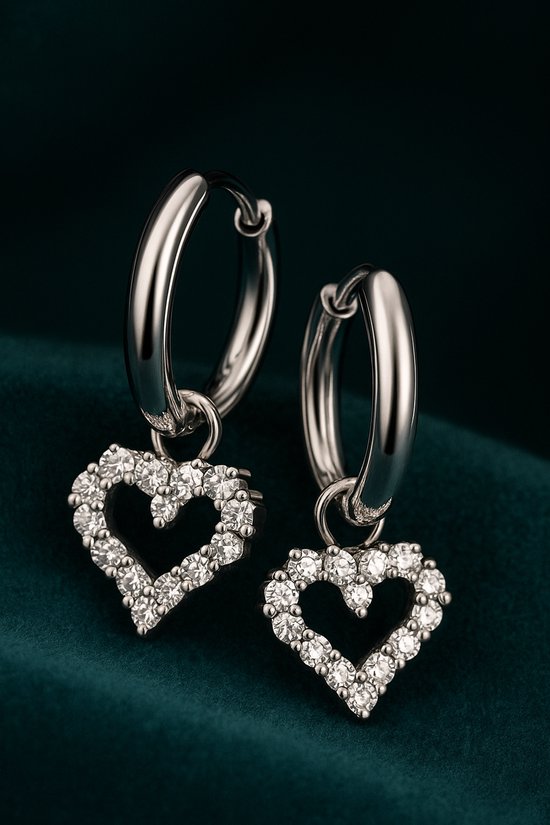Boucles d'oreilles de Luxe Lundholm pour femme, motif cœur argenté - Acier inoxydable de Premium - Boucles d'oreilles Hartjes orné de zirconias - 2,1 x 1,1 cm - Coffret cadeau de Luxe