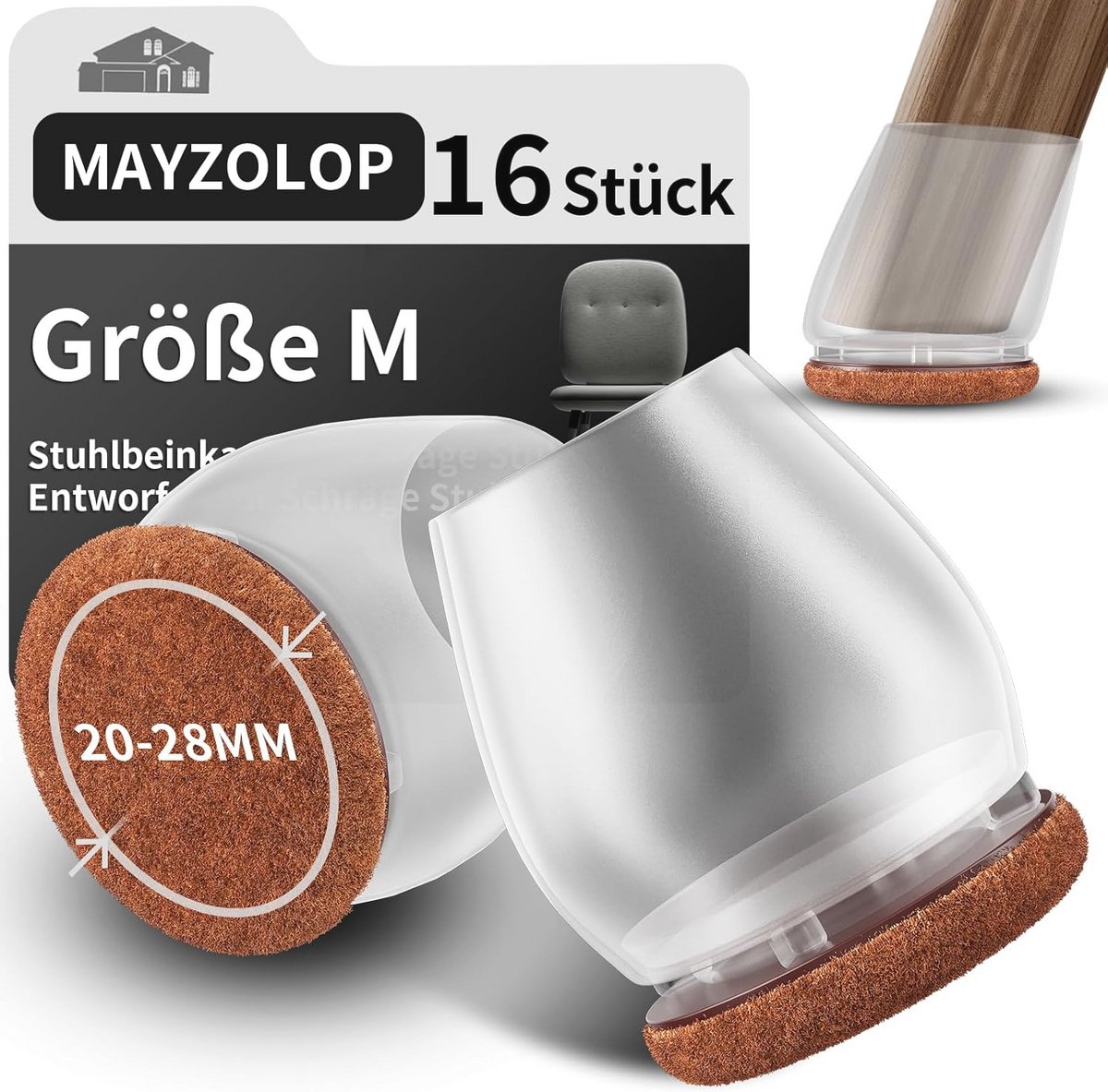 Transparante stoelpootdoppen 16 stuks voor schuine stoelpoten - 1 inch - Beschermers met vilt, geen krassen en geluid