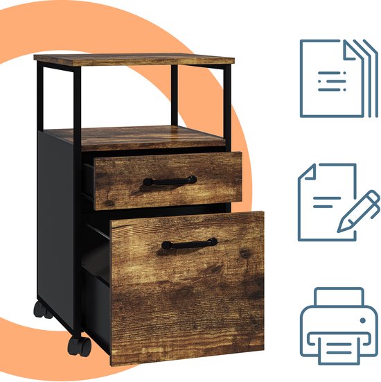 Mobiel archiefkastje met houten ladenfronten en zwarte zijkanten, met icoontjes van documenten en printer.