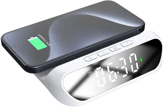Draadloze Oplader met Wekker, Thermometer, LED-display en Nachtlampje – Alles-in-één Oplossing voor jouw Nachtkastje - Wit