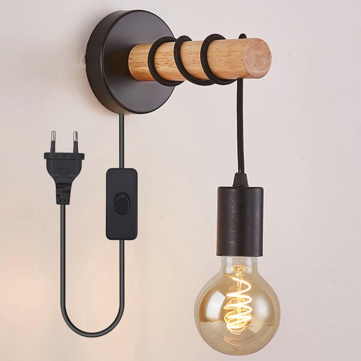 Zwarte Wandlamp met Schakelaar en Kabel voor Slaapkamer en Woonkamer