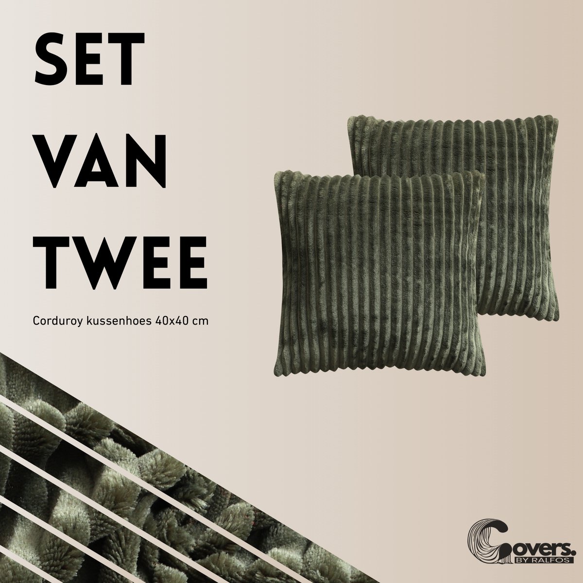 Covers By Ralfos - Set van 2 | Kussenhoes Velvet Corduroy 40x40cm Donkergroen | Ribbel Velvet