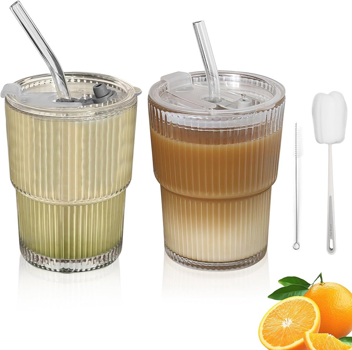 Glazen bekers met deksel en rietje - 400 ml - 2 stuks - Voor warme en koude dranken