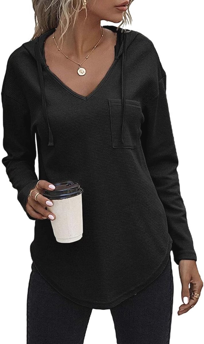 Dames Hoodie met V-hals en Lange Mouwen - Casual Sweatshirt met Trekkoord