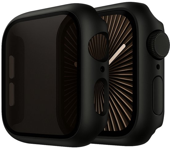 Zwart Apple Watch hoesje dat 360 graden bescherming biedt, met een bruin gestreept display.