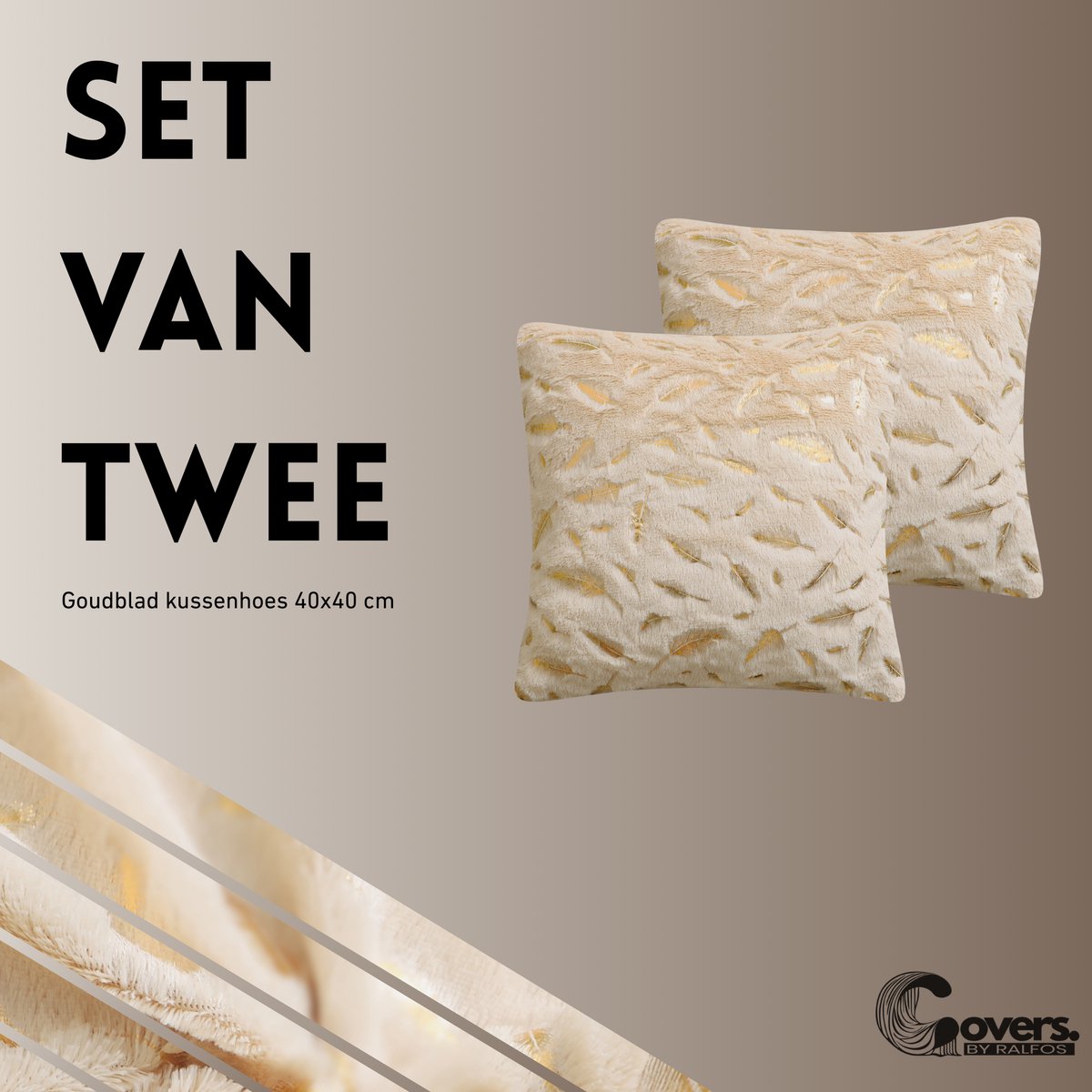 Covers By Ralfos - Set van 2 | Kussenhoes 40x40cm | Beige Pluche Bladgoud | Kerstsfeer | Luxe Sierkussenhoes | Velvet Look | Kerst | Zonder Vulling