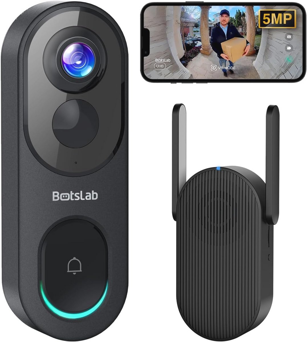 Draadloze Video Deurbel met Camera - 5MP, 360° Hoofd-Voet Zicht, Slimme AI/Radar/PIR Detectie, 2-weg Audio, 2.4/5 GHz Wi-Fi