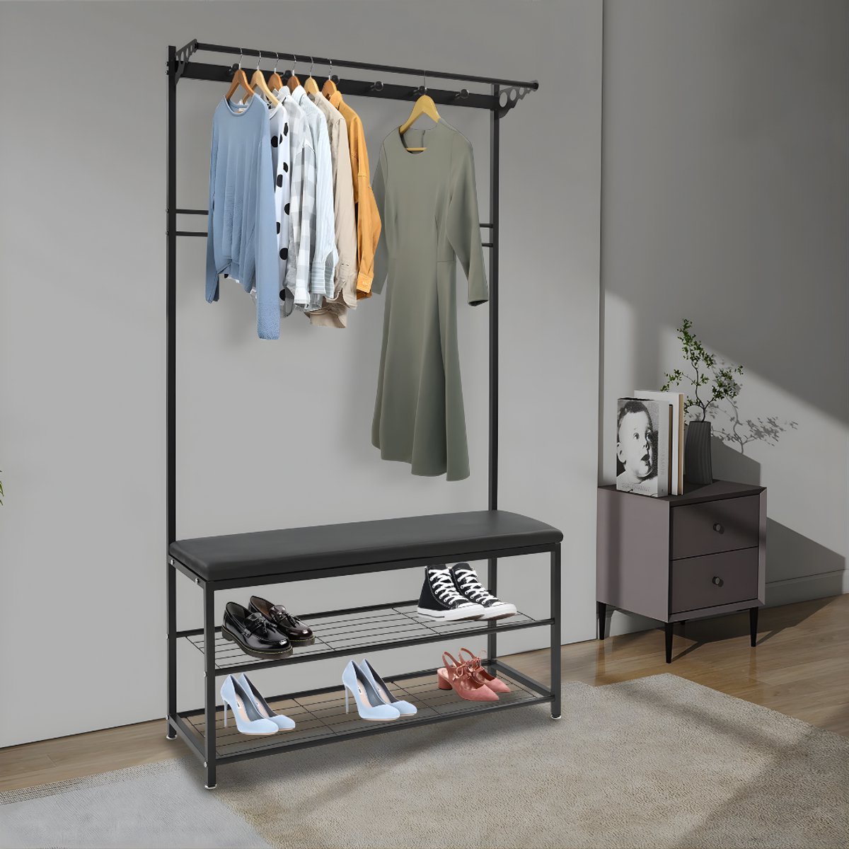 Kapstok met bank - Kledingrek - Schoenenrek - Voor kledingopslag en schoenen - Multifunctioneel - Met haken en bankje - Zwart – foto 4
