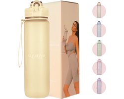 Cabau Bloom Waterfles / Drinkfles - 1 liter - Butter Yellow - Handige drinktuit & unieke maataanduiding - BPA- & Lekvrij - Drinkfles met rietje volwassenen - Drinkfles volwassenen - Drinkfles 1 liter - Verschillende drinkflessen - Cadeau voor haar