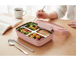 Dutchers® Lunchbox Roestvrij Staal – incl. Bestekset - BPA-vrij – Met Deksel, Bestekvak & Telefoonhouder - Bento Box – Blauwe RVS Broodtrommel voor Kinderen & Volwassenen – - Mealprep - Duurzame Lunchdoos voor School & Werk - Roze