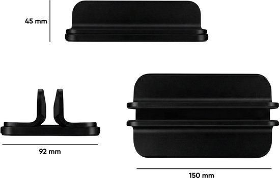 Drie zwart-wit aanzichten van een Mastersøn laptopstandaard met afmetingen.