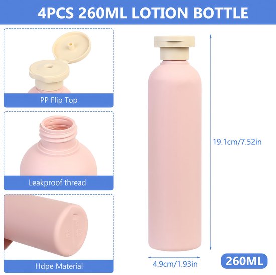 IMPERATORIS® Reisflesjes Set - Navulbare Flesjes - Voor Shampoo en Lotion - Kunststof - Set van 4 - 260 ml - Roze/Blauw van imperatoris — afbeelding 4