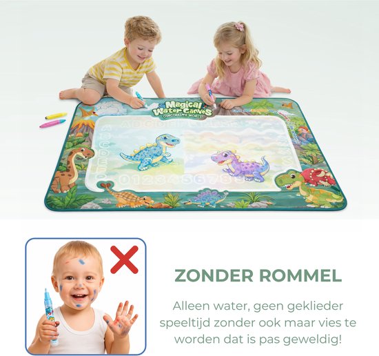 Kinderen tekenen met waterpennen op een dino watermat, met een inset van een kind dat schone handen heeft.