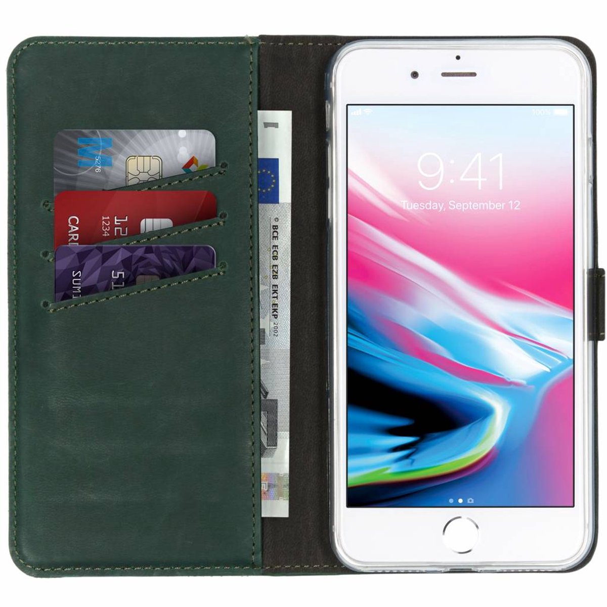 Selencia Hoesje - Geschikt voor Apple iPhone 8 Plus / 7 Plus - Echt Lederen Bookcase - Groen