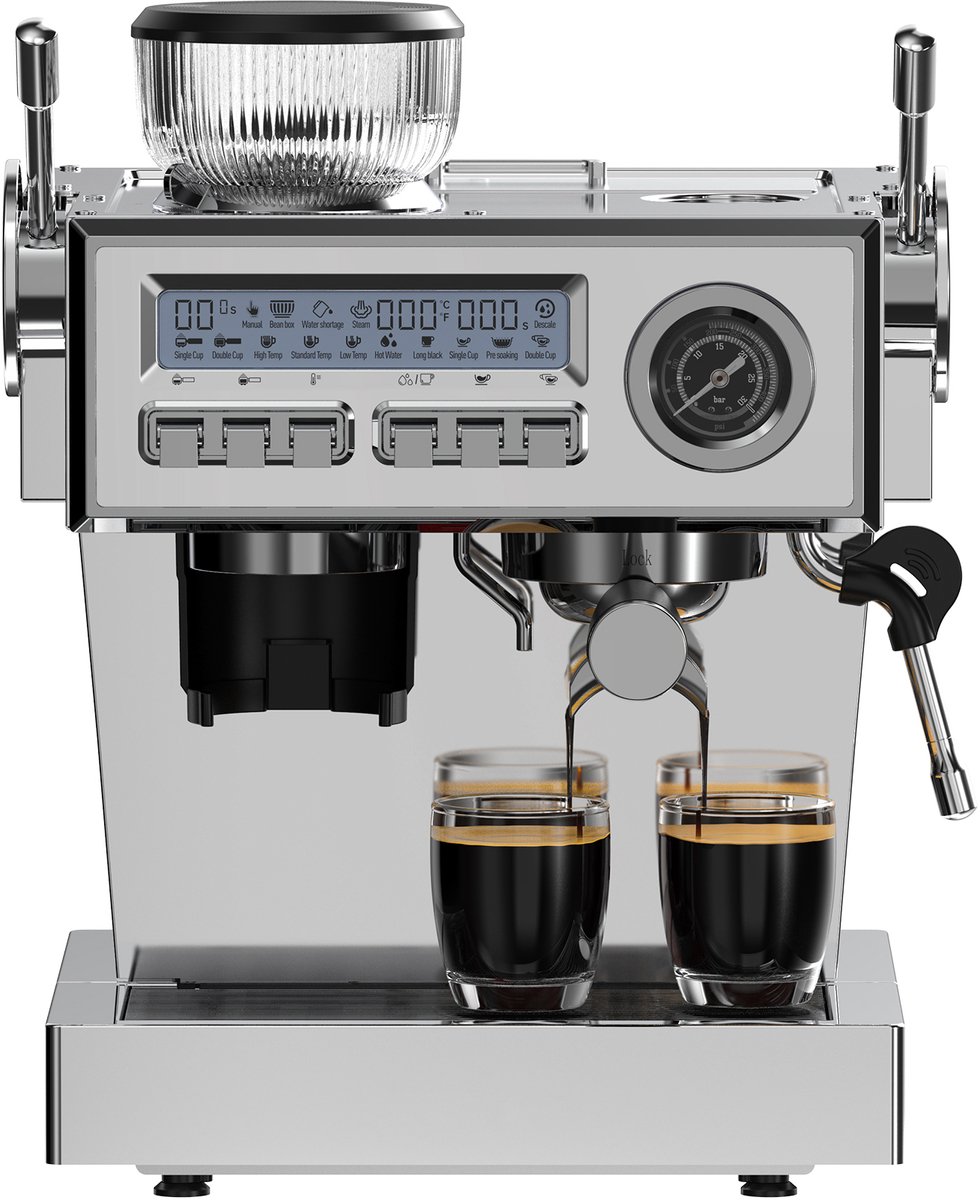 Dewelling CM1610 piston-espressomachine van roestvrij staal met geïntegreerde koffiemolen, 20 bar Ulka-pomp, dual boiler, barista-hendel, one-touch-functie, stoompijp, manometer & kopjesverwarmer