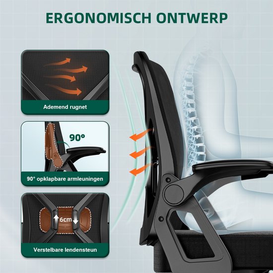 Hiaonyx Chaise de Bureau-Chaise de Bureau Ergonomique-Chaises de Bureau pour Adultes-Accoudoirs Pliants-Support Lombaire-Coussin d'assise épaissi et élargi- Zwart