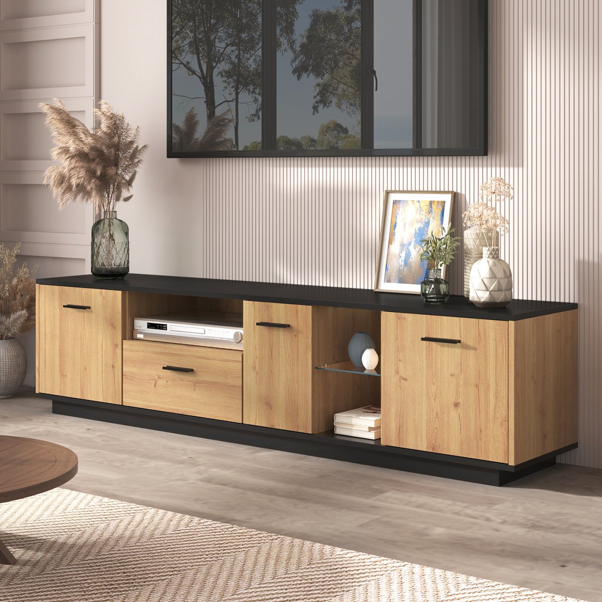 REDOM - TV-meubel - MDF - met drie deuren, twee glasvakken en één lade - 180 L x 37 B x 45 H(cm) Black
