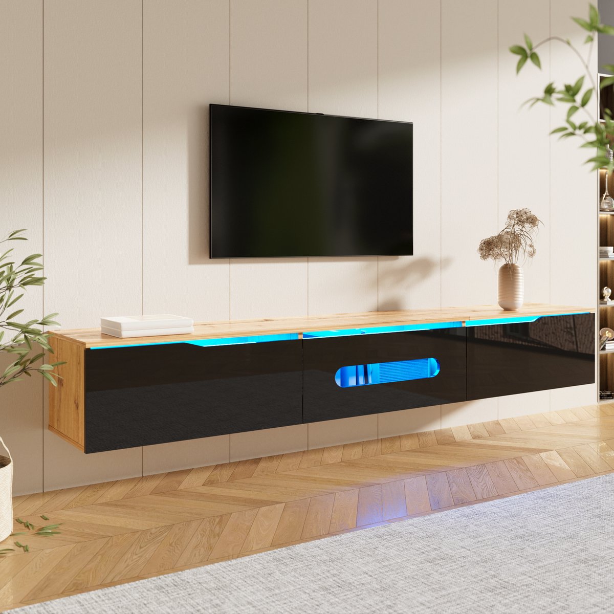 REDOM TV-meubel - MDF+PB/Spanplatte - hoogglans afwerking - 180 × 35 × 30 cm, Black,Wood Zwart+Hout
