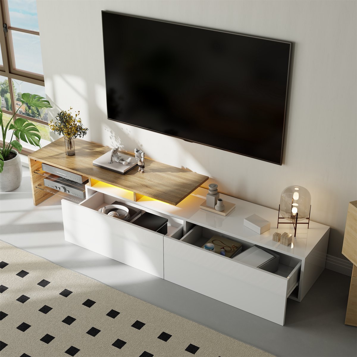 REDOM - TV-meubel - hoogglans afwerking - met glasplanken - 170 L x 33 B x 33,5H cm White+