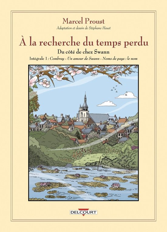 Boekomslag van 'Op zoek naar de verloren tijd - Du côté de chez Swann' van Marcel Proust, met een illustratie van een dorp aan het water.