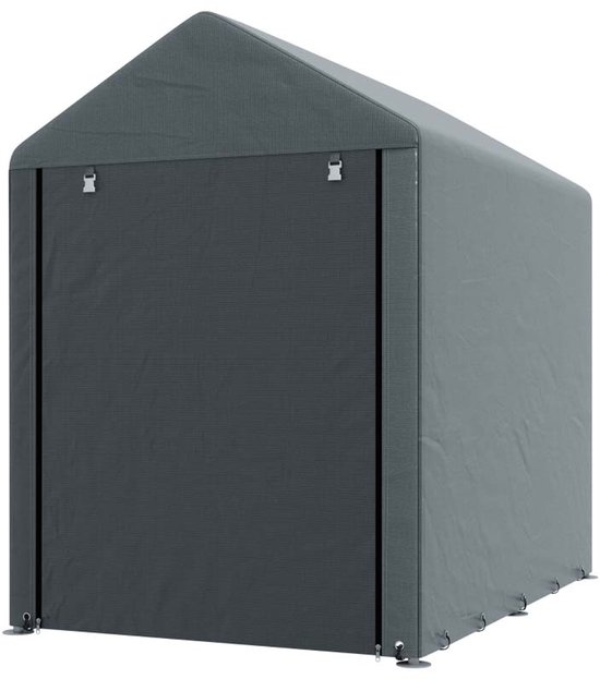 Grijze schuur met stalen frame, type tuinschuurtje.