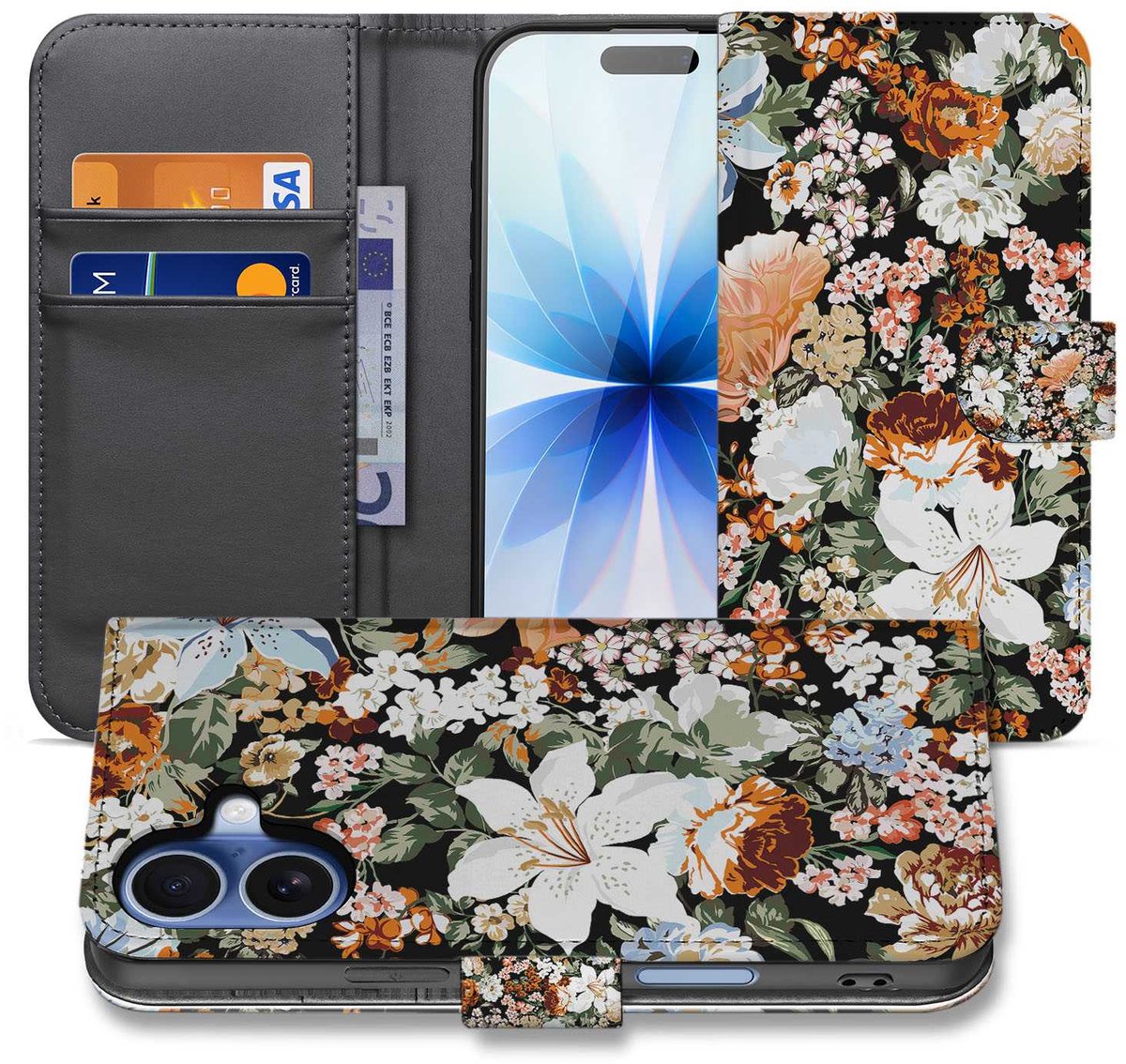 iPhone 17 Portemonnee Hoesje Dark Flowers