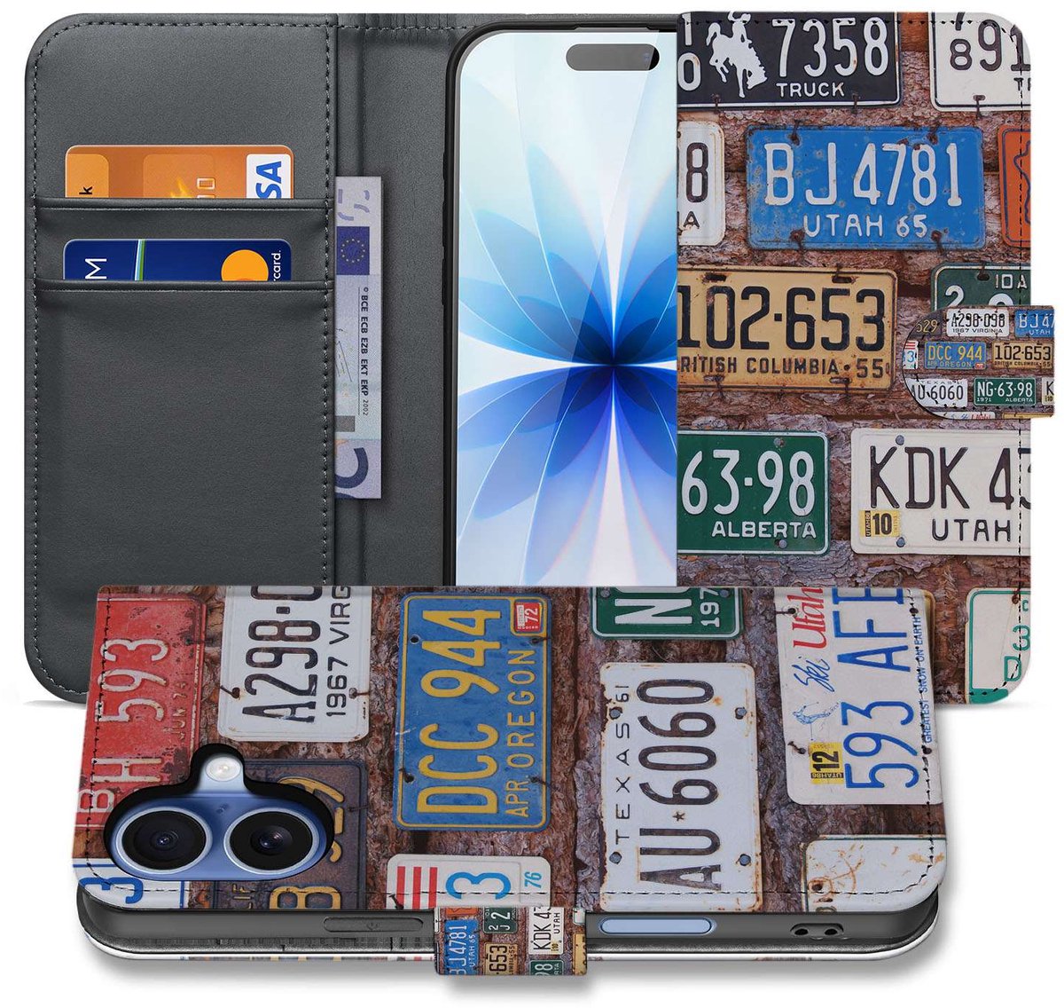 Book Case iPhone 17 Kentekenplaten Collage Kunstleer Matte Finish Met 3 Pasjes