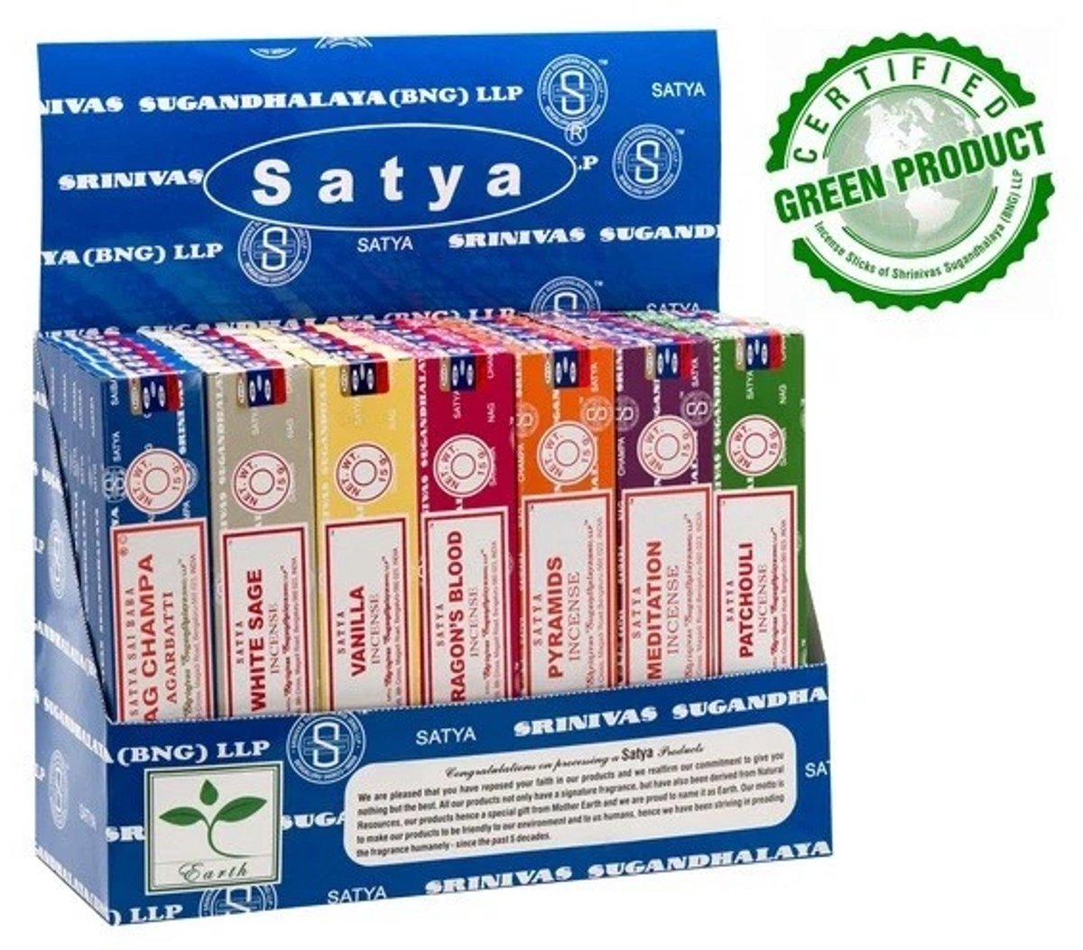 Satya Wierook Assortiment – Superhit, Money Matrix, Myrrh, Frankincense, Spiritual Healing, Karma, Dragon’s Blood, Namaste, Lavender, Tulsi, Nag Champa & Jasmine met Kajal Sticker