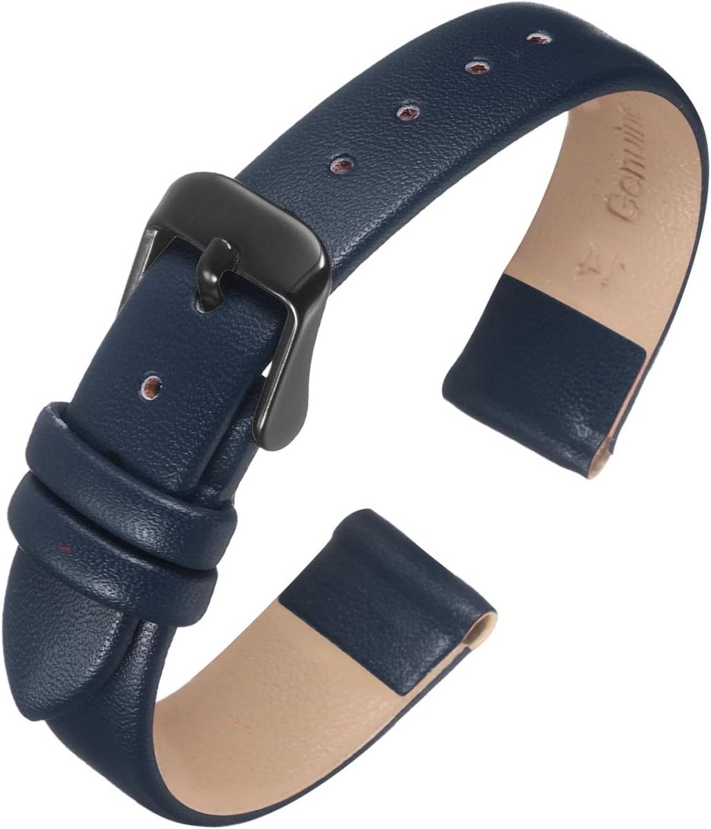 Armband van Echt Leer - Dun - 14 mm Breed - Donkerblauw - Platte Gesp - Unisex - Zwart - Elegant - Geschikt voor Mannen en Vrouwen