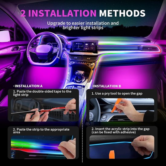 Auto-interieur met veelkleurige verlichting. Toont twee installatiemethoden: plakken en in de kier voegen.