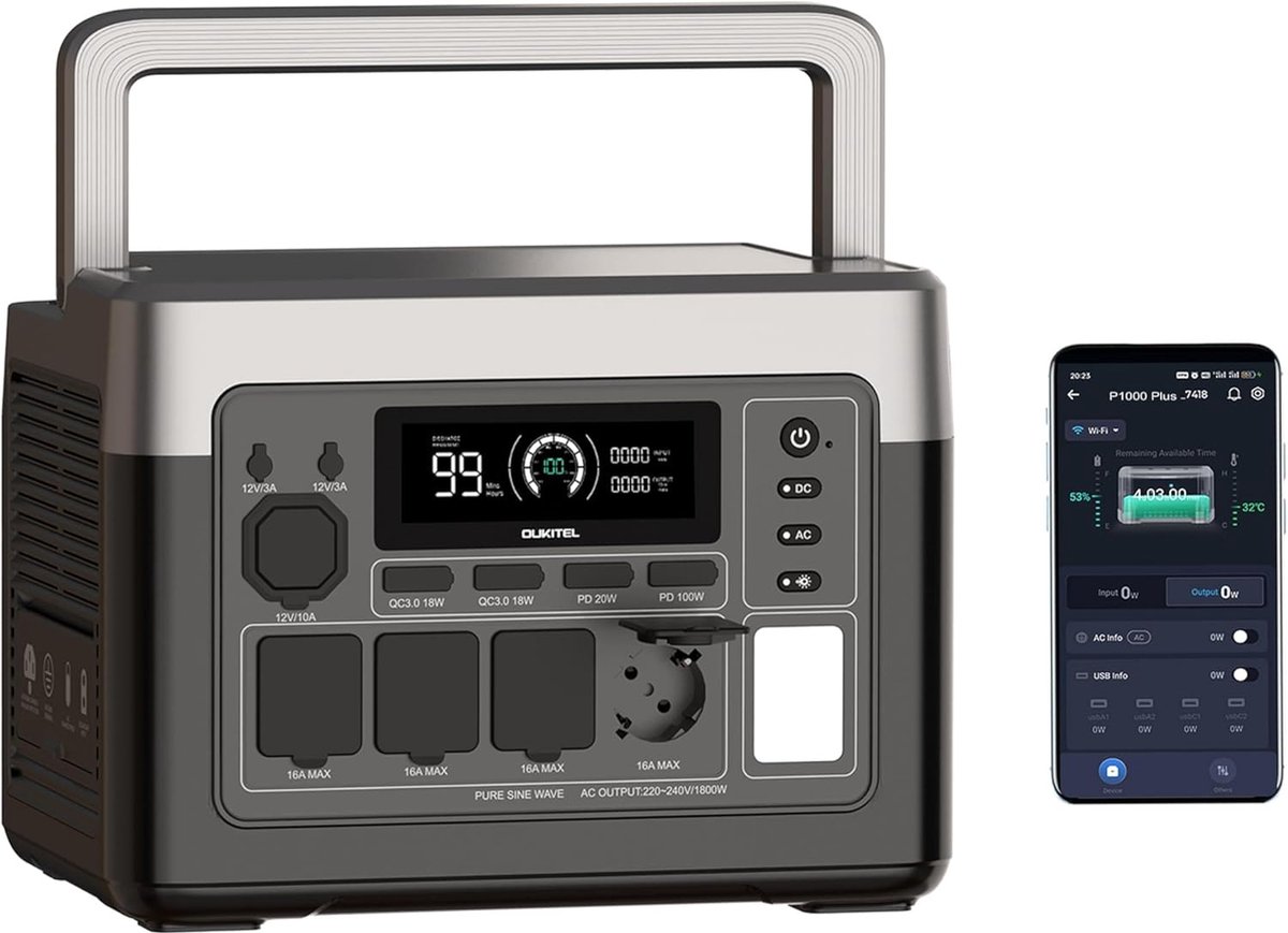 OUKITEL P1000E Plus Powerstation 1024Wh – 1800W Pure Sinus – 4x 230V – LiFePO4 – 1200W Snelladen