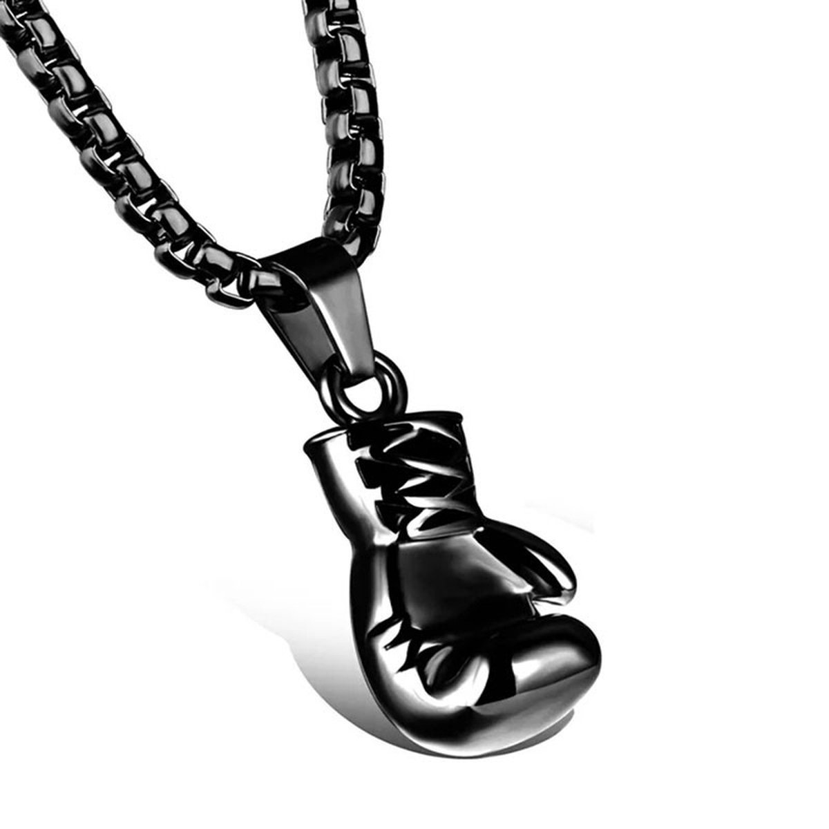 My Sweet Romance® – Halsketting met Bokshandschoen – Zwart – 60 cm – RVS – Bedel 28 x 15 mm