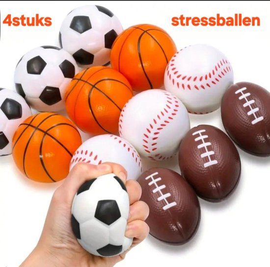 Foto: Stressbal voetbal basketbal honkbal rugbybal 6 cm knijpbal uitdeelcadeautjes voor kinderen en volwassen verbeter de focus rustgevend 4 stuks