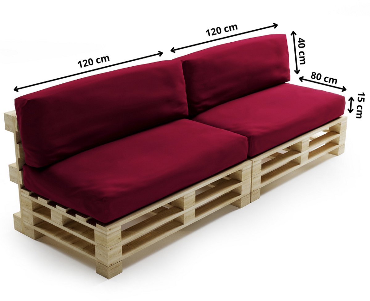 Bananair - Palletkussens 2x Set - Afneembare hoes - Waterbestendig - Tuinkussens voor Palletbank - 2x Zitkussen 120x80x15 cm & 2x Rugkussen 120x40x15 cm - Rode