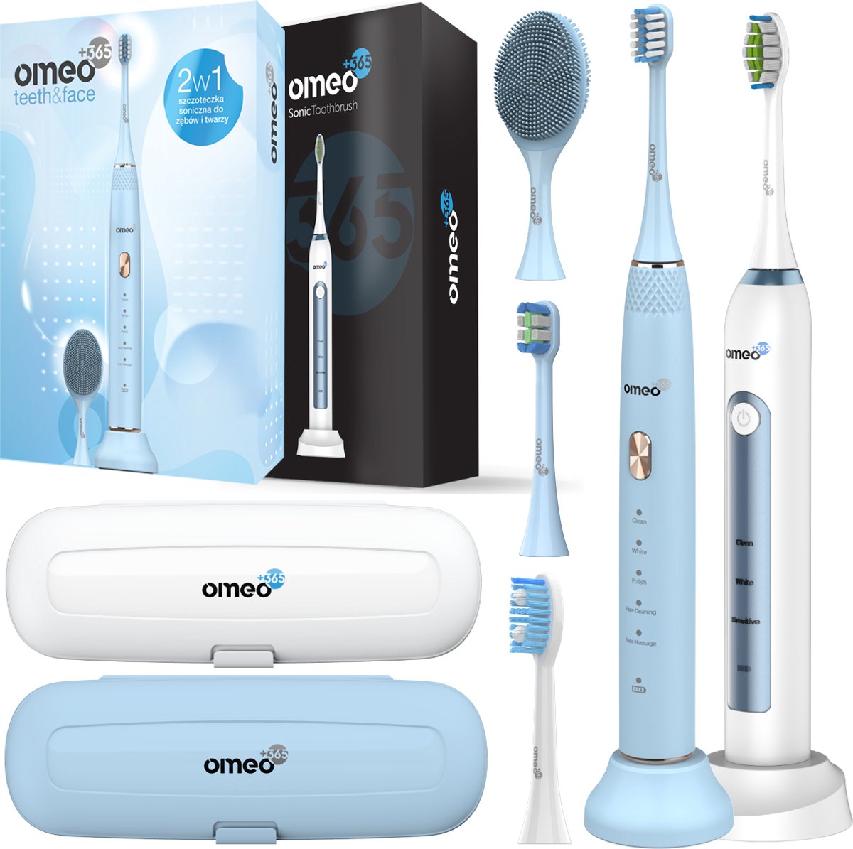 OMEO Classic & Teeth&Face Set - Sonische Tandenborstel Set - Classic White + Teeth&Face Blue - 96000 trillingen - 60 dagen batterij